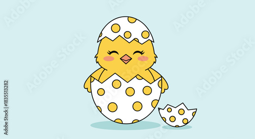Cute cartoon chick hatching from an Easter egg on a blue background, symbolizing new life and springtime joy.