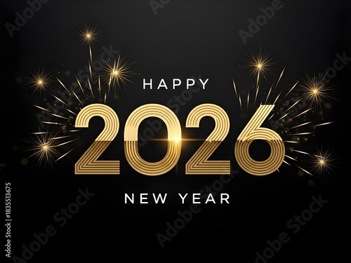An elegant New Year 2026 greeting card design featuring luxurious golden typography and sparkling fireworks on a sophisticated dark background