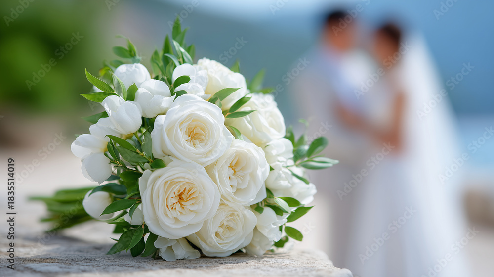 Obraz premium Wedding bouquet of white roses on a stone surface with soft silhouettes of bride and groom in the background, ideal for banners, invitations and romantic design projects