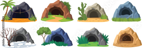Cartoon cave illustrations, desert, jungle, snow, grassland, tropical, dry, rocky, ecosystem design, vector art, nature, landscape, environment