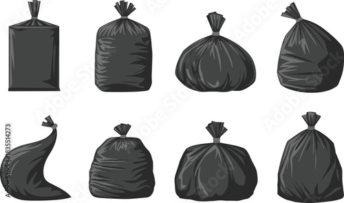 Cartoon garbage bags, black trash sacks, waste disposal, full tied bags, vector illustration, refuse, sanitation, cleanup, clutter, icons