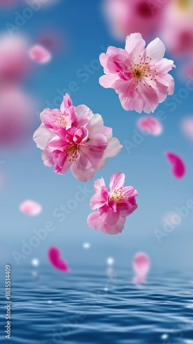 Pink cherry blossom petals floating over tranquil blue water surface