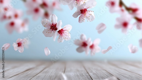 Cherry blossoms falling gracefully on wooden surface with soft blue background