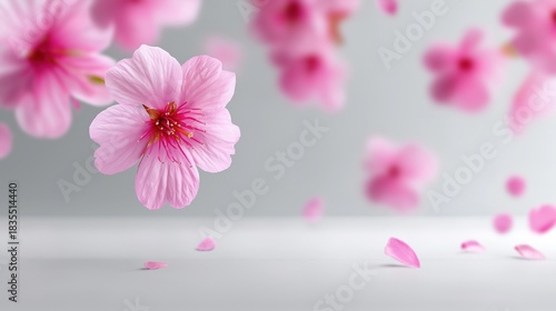 Vibrant pink cherry blossom flowers on soft gray background