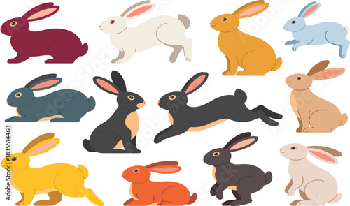 Colorful cartoon rabbits, cute bunny poses, vector animals, sitting rabbits, jumping bunnies, diverse colors, pet illustration, character design