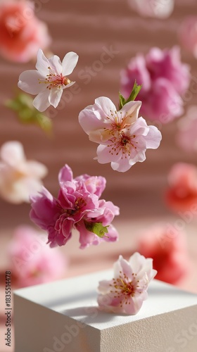 Floating cherry blossoms against soft pink backdrop