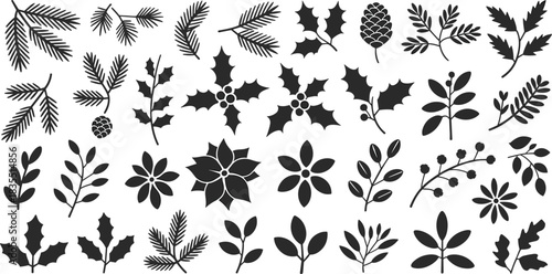 Winter botanical silhouettes, holly leaves, pine branches, berries, mistletoe, poinsettia, holiday foliage, black vector icons, seasonal nature elements