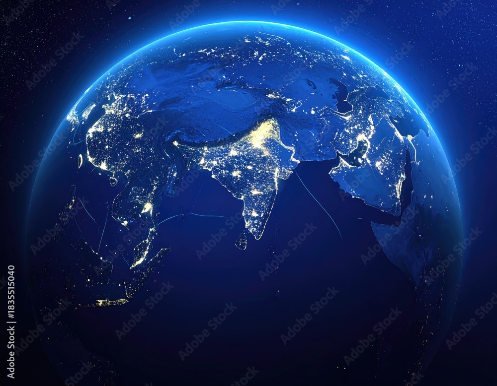Fototapeta premium Illuminated Earth at night, showing landmasses and city lights against a starry, dark blue space