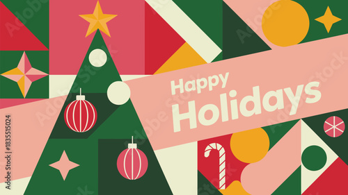 Happy Holidays geometric Christmas illustration featuring modern shapes, ornaments, candy cane and stylized tree, perfect for festive greeting cards and holiday graphics