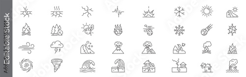 Earthquake, soil crack, landslide, natural disaster and climate event line icon set – editable outline symbols of earthquake, fire, volcano, flood, tornado and virus