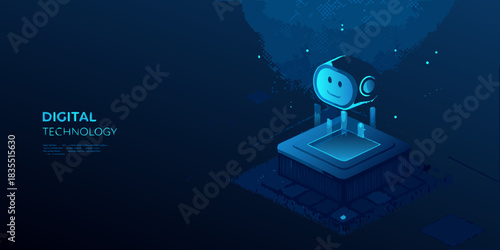 Isometric robot head with smiling face on a platform in blue
