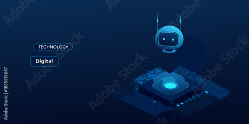 Isometric robot with circuit board representing future technology and artificial intelligence