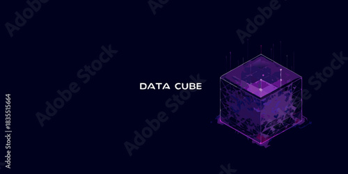 Abstract data cube with digital connections on a dark background