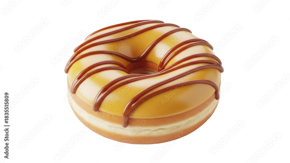 Fototapeta premium Delicious donut with caramel glaze isolated PNG, sweet dessert with brown stripes on transparent background for bakery and confectionery use