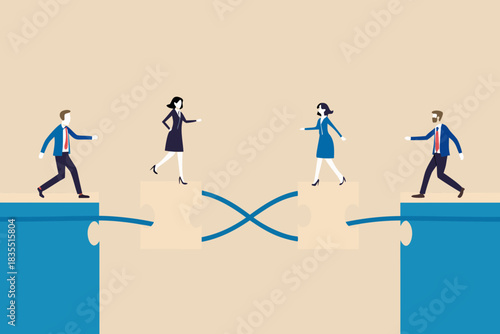 Business people crossing gaps using puzzle pieces as a bridge illustration