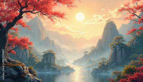 Scenic landscape painting with mountains and lake at sunset  