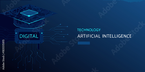 Digital technology and artificial intelligence concept with graduation cap illustration