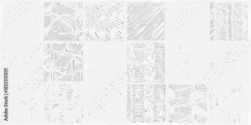 Abstract white background with geometric and organic line patterns in square tiles