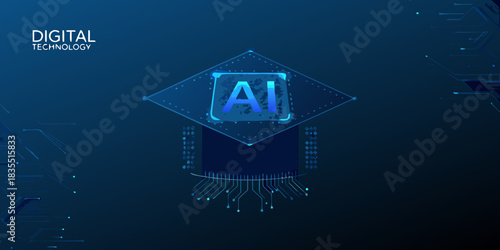 Abstract artificial intelligence graduation cap with digital technology background