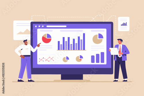 Business analytics presentation with data visualization and team collaboration
