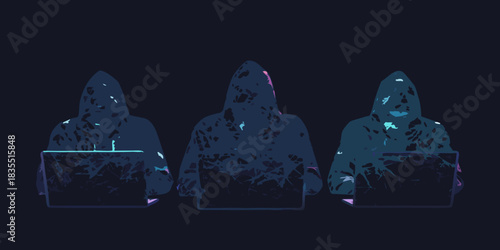 Three hooded figures hacking with laptops in the dark