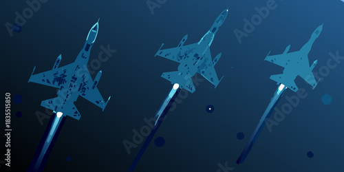Three fighter jets ascending against a dark blue gradient background