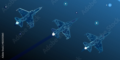 Three fighter jets flying in formation at night with vapor trails