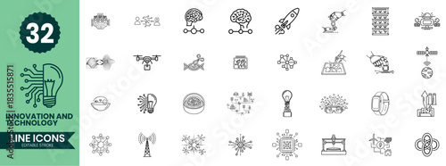Innovation and Technology Line Icons Set Future Tech, AI, Research, Digital Development & Outline Icon Pack