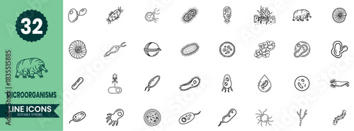 Microorganisms Line Icons Set Bacteria, Viruses, Protozoa, Microbes, Cells & Microscopic Life Symbols