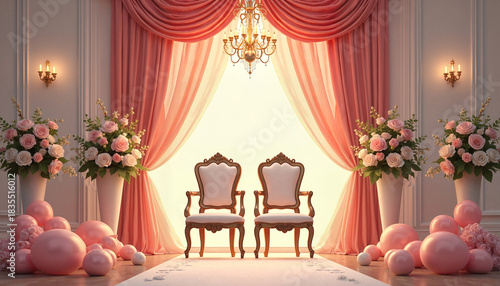 Wedding decor with elegant chairs, flowers, and pink balloons  