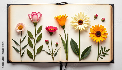 Pressed flowers in notebook arranged on soft white background  