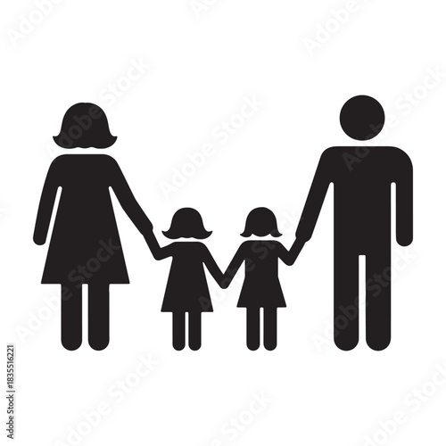 Black silhouette of a family with two daughters holding hands white background parents