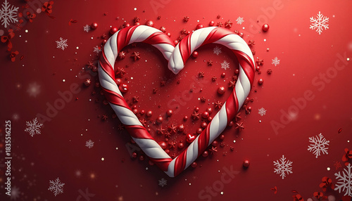 Christmas candy cane heart with red background and snowflakes  