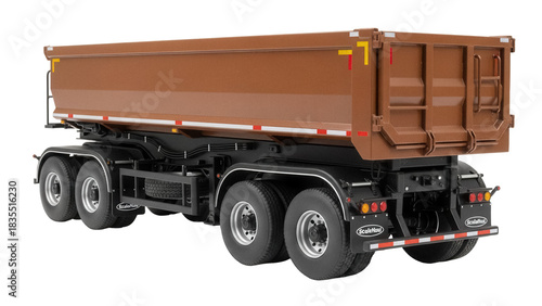 Brown dump truck trailer PNG isolated on transparent background, heavy construction vehicle for transport and delivery