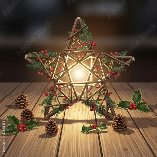 Christmas star on table with pinecones and holly leaves in evening light  