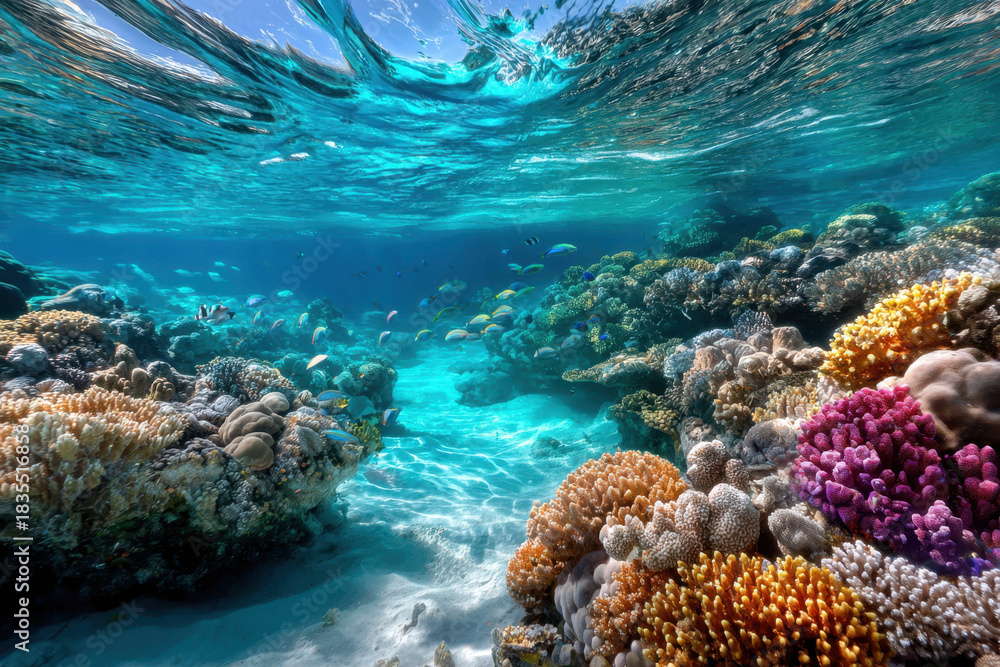 Fototapeta premium Vibrant Coral Reef with Colorful Fish in Crystal Clear Turquoise Water