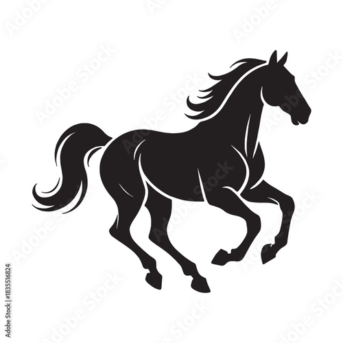 Black silhouette of a galloping horse with flowing mane and tail white background