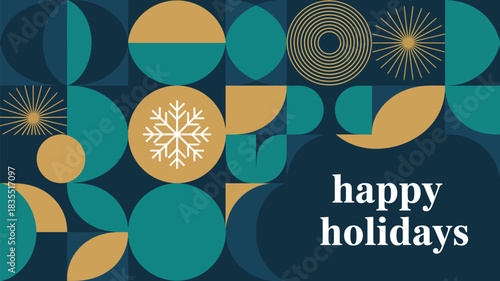 Happy Holidays geometric winter illustration with abstract shapes, snowflakes and modern festive patterns, ideal for seasonal greeting cards, posters and holiday graphics