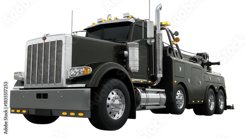 Black tow truck PNG isolated on transparent background, heavy duty wrecker vehicle for roadside assistance and recovery services