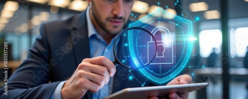 Man examining digital cybersecurity threats in modern office environment technology focused viewpoint