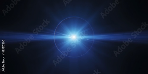 Bright blue lens flare effect with horizontal light beam on dark background