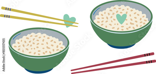 Minimalist rice bowl illustration with chopsticks and heart shape, cute food art, Asian cuisine concept, modern flat style design