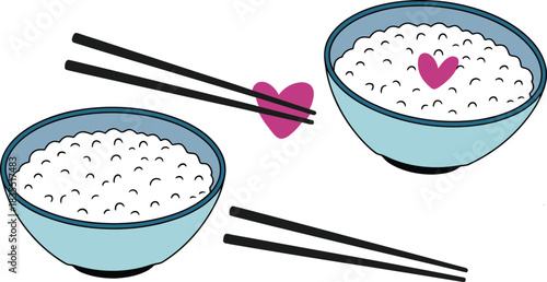 Minimalist rice bowl illustration with chopsticks and heart shape, cute food art, Asian cuisine concept, modern flat style design