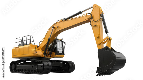 Yellow excavator PNG isolated on transparent background, heavy construction equipment for digging and earthmoving projects