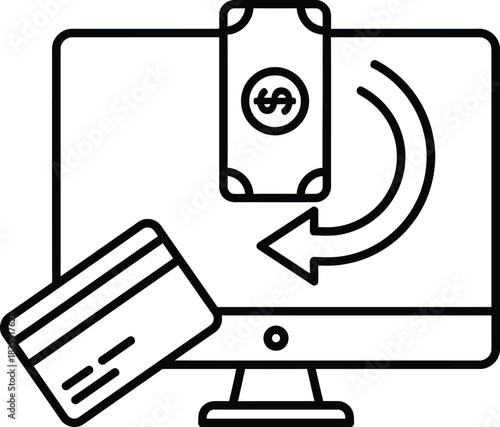 Digital transaction concept: An illustration depicts the concept of digital transactions, showcasing a credit card and money interacting with a computer screen.