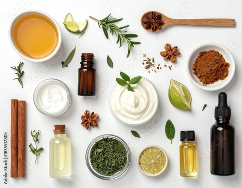 Overhead shot of various skincare ingredients & herbs, arranged on a white surface