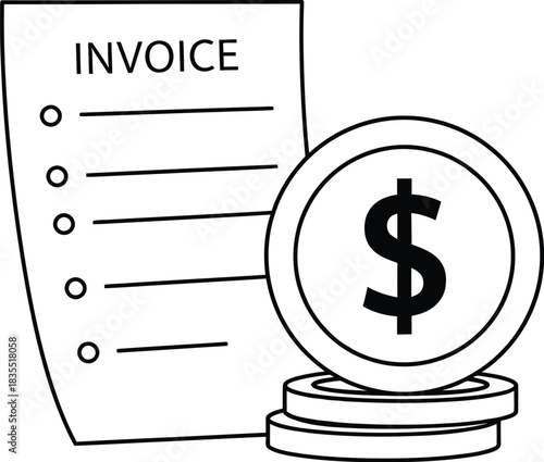 Invoice and Coin: A stylized image presents a financial overview with an invoice document next to a stack of coins, capturing themes of business, transaction and accounting.