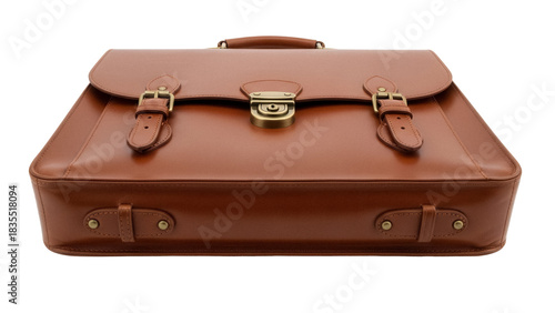 Brown leather briefcase isolated on transparent background, classic business bag for professional use and travel in PNG format