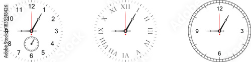 Minimal vector art set of three analog wall clocks with different dials and hands, arabic and roman numerals, white background, thin black outlines, red second hand detail