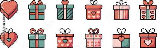 Color Gift Boxes and Hearts Icon Set
